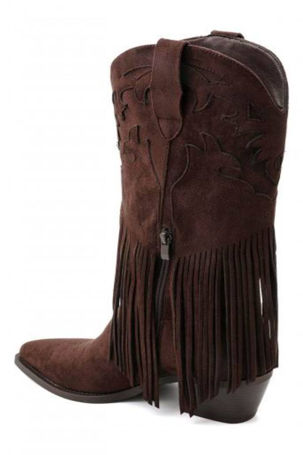 Brown Suede Fringe Detail Mid-Calf Western Cowboy Boots
