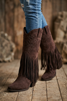 Brown Suede Fringe Detail Mid-Calf Western Cowboy Boots