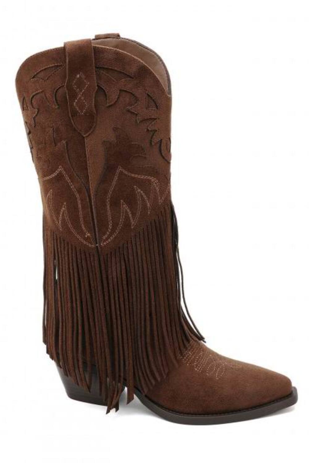 Camel Suede Fringe Detail Mid-Calf Western Cowboy Boots