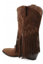 Camel Suede Fringe Detail Mid-Calf Western Cowboy Boots