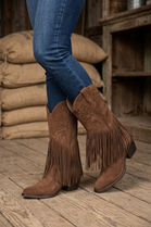 Camel Suede Fringe Detail Mid-Calf Western Cowboy Boots