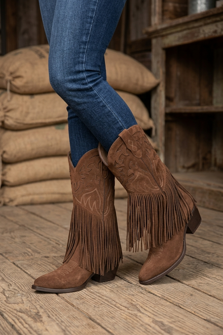 Camel Suede Fringe Detail Mid-Calf Western Cowboy Boots