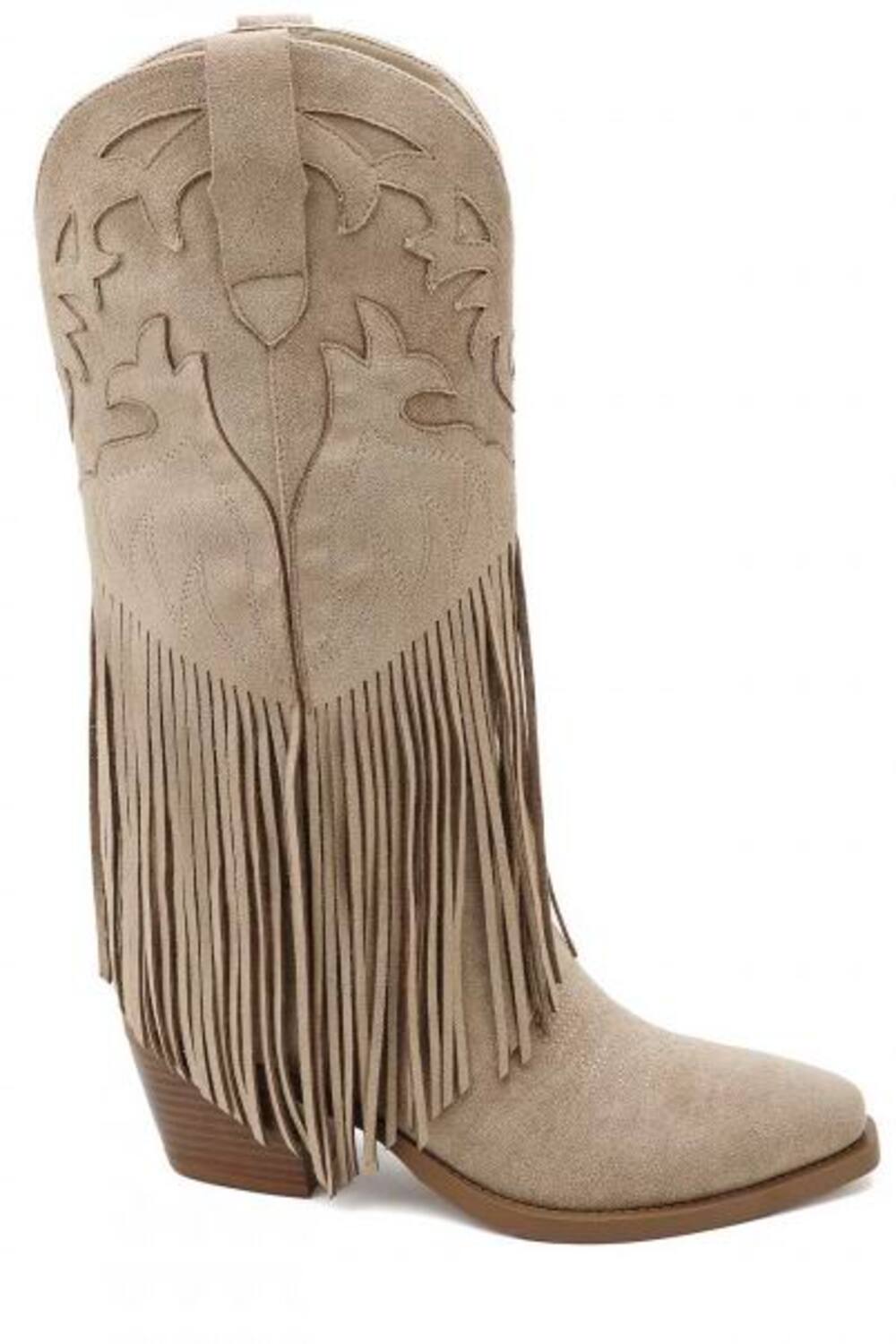 Khaki Suede Fringe Detail Mid-Calf Western Cowboy Boots
