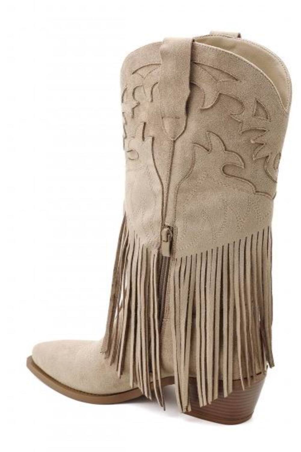 Khaki Suede Fringe Detail Mid-Calf Western Cowboy Boots