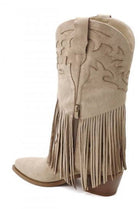 Khaki Suede Fringe Detail Mid-Calf Western Cowboy Boots