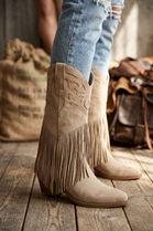 Khaki Suede Fringe Detail Mid-Calf Western Cowboy Boots