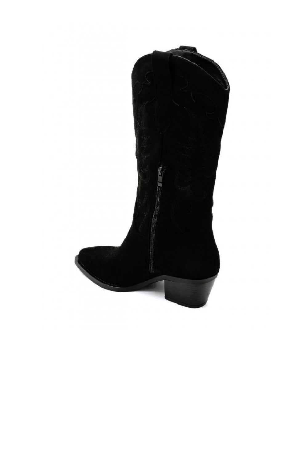 Black Faux Suede Embroidered Calf High Cowboy Boots