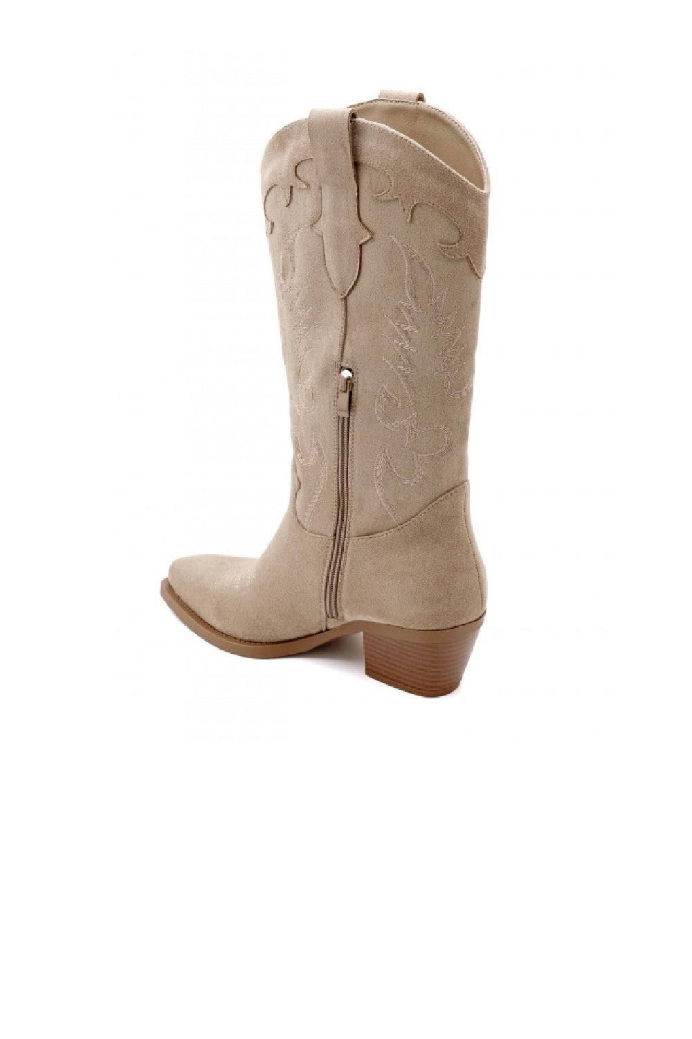 Khaki Faux Suede Embroidered Calf High Cowboy Boots