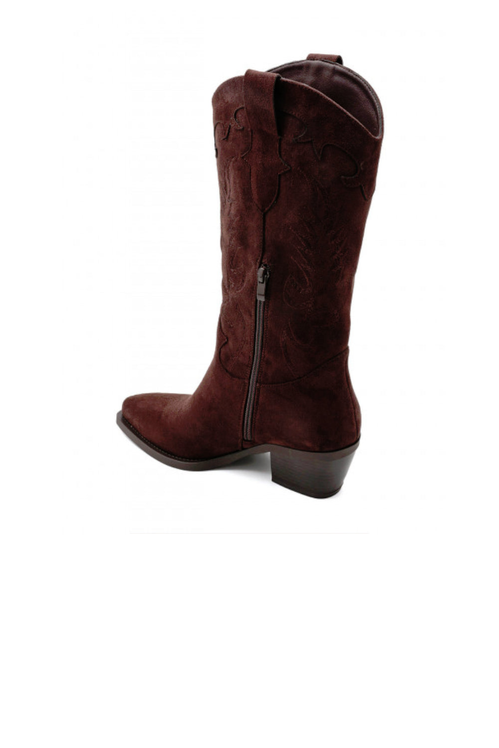 Brown Faux Suede Embroidered Calf High Cowboy Boots