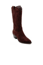 Brown Faux Suede Embroidered Calf High Cowboy Boots