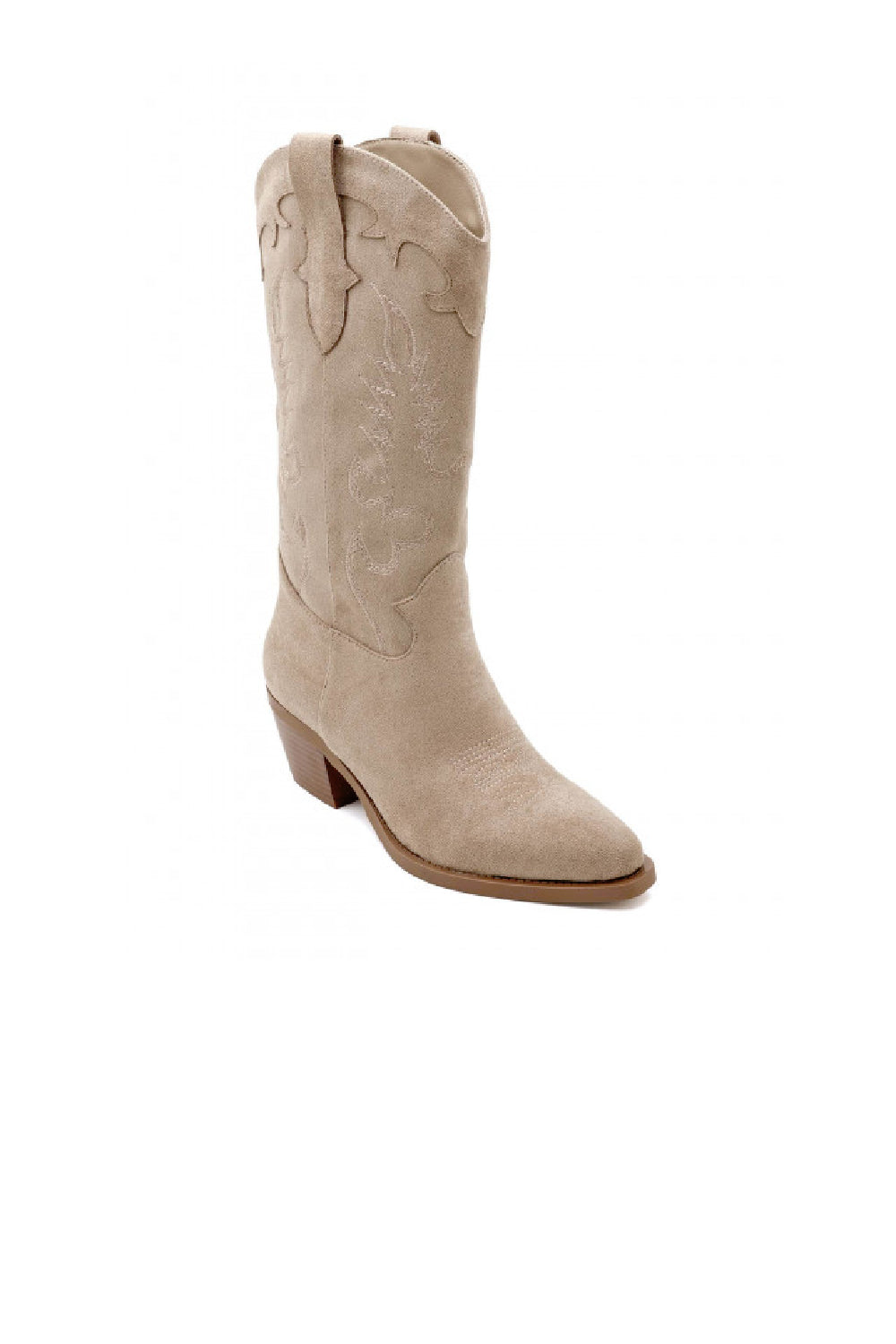 Khaki Faux Suede Embroidered Calf High Cowboy Boots