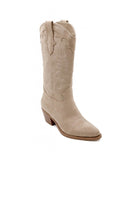 Khaki Faux Suede Embroidered Calf High Cowboy Boots