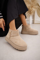 TAUPE ULTRA MINI PLATFORM FAUX FUR LINED ANKLE BOOTS