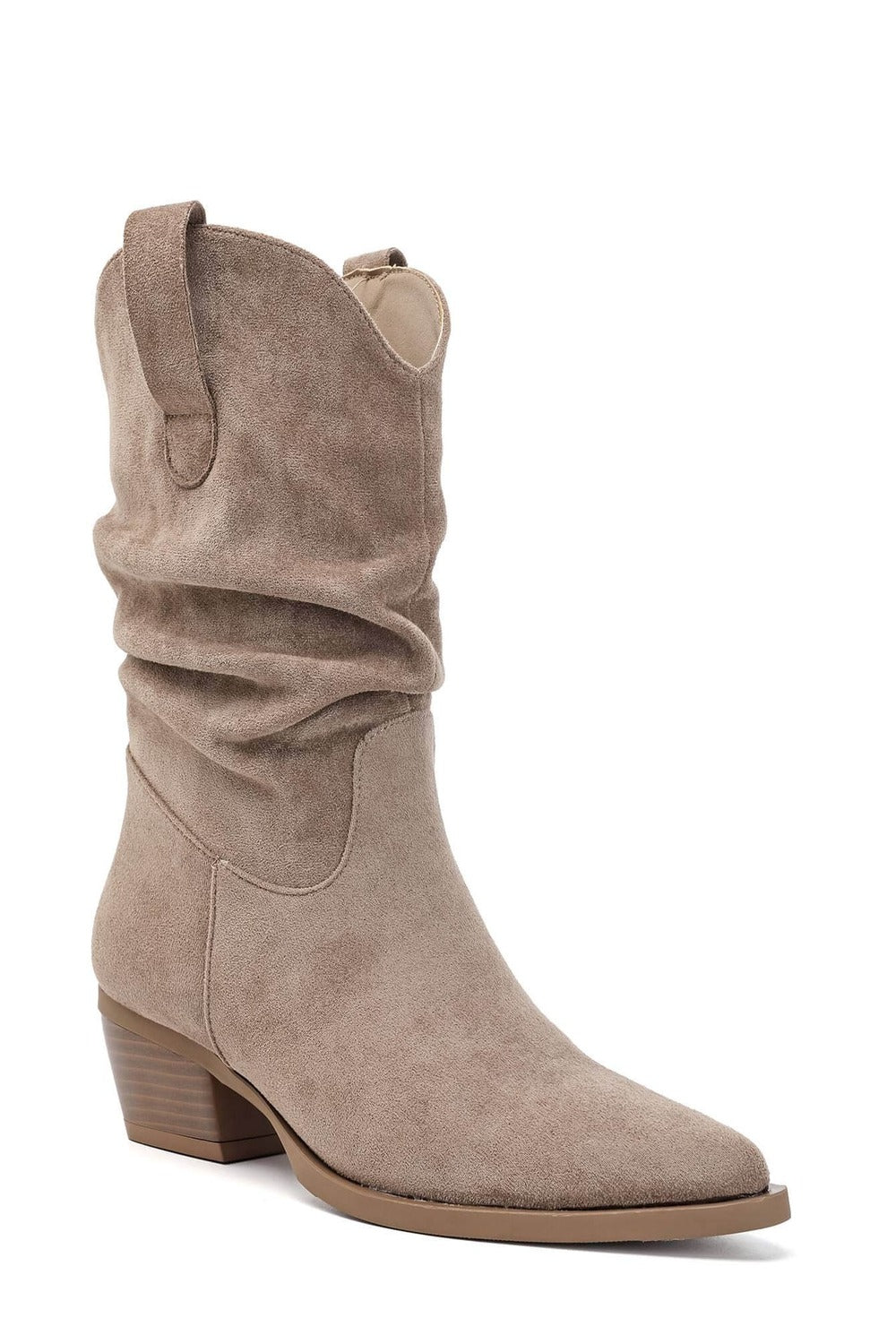 Khaki Suede Slouchy Low-Calf Western Boots