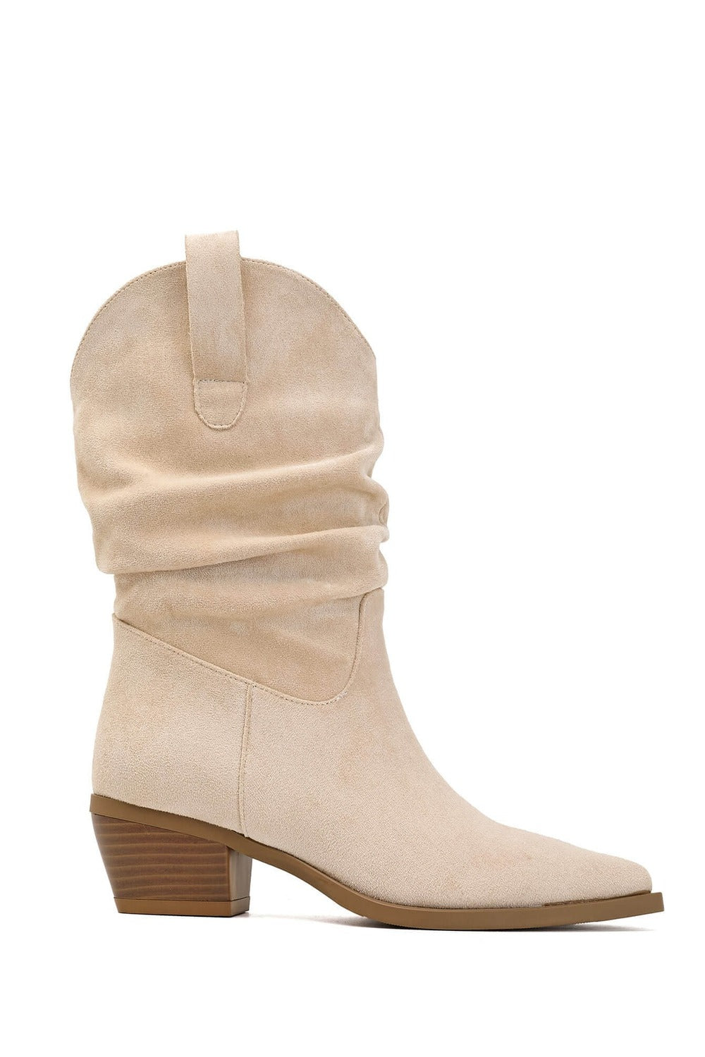 Beige Suede Slouchy Low-Calf Western Boots