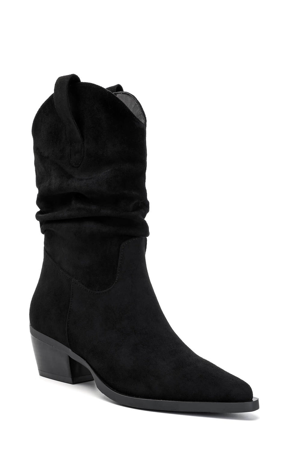 Black Suede Slouchy Low-Calf Western Boots