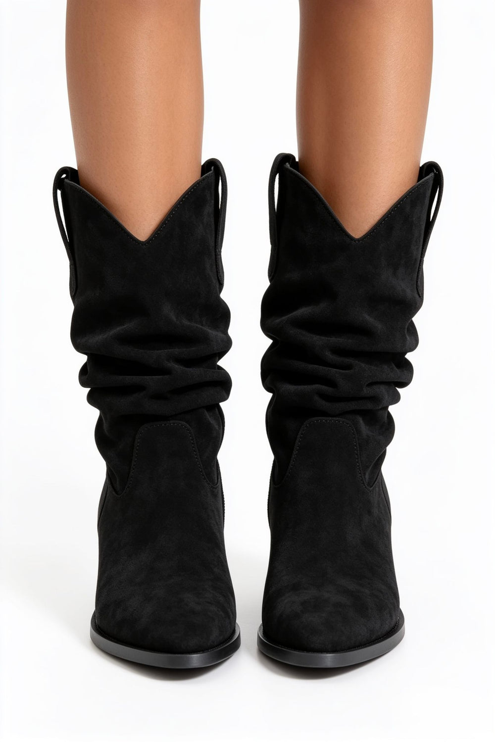 Black Suede Slouchy Low-Calf Western Boots