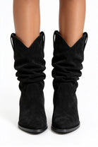Black Suede Slouchy Low-Calf Western Boots