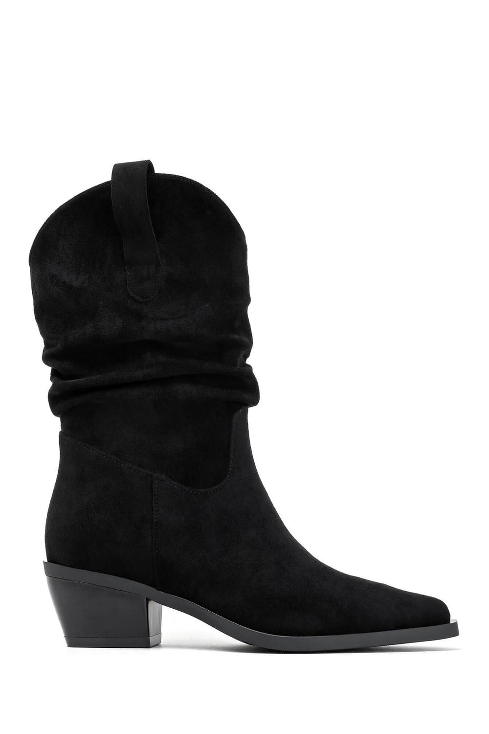 Black Suede Slouchy Low-Calf Western Boots
