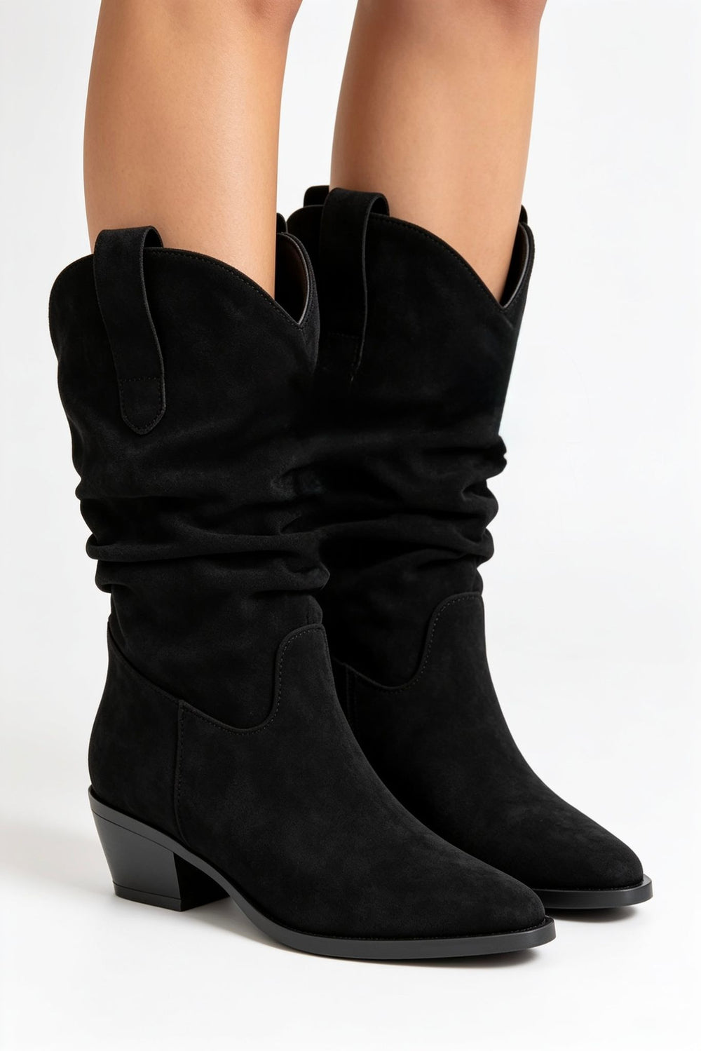 Black Suede Slouchy Low-Calf Western Boots
