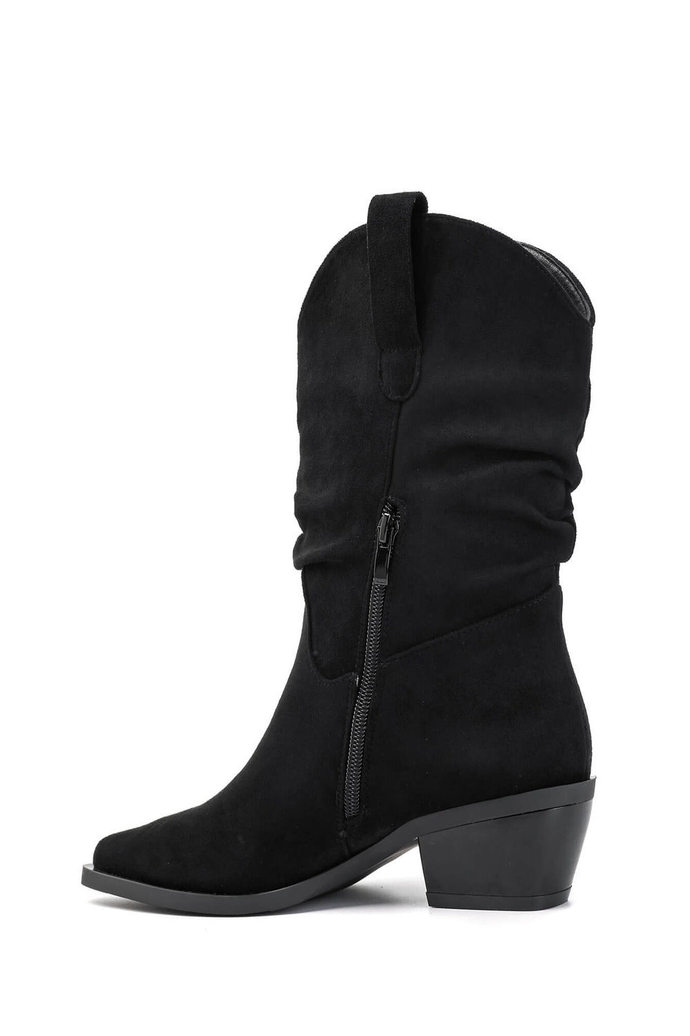 Black Suede Slouchy Low-Calf Western Boots