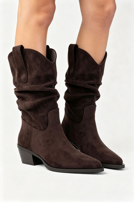 Brown Suede Slouchy Low-Calf Western Boots