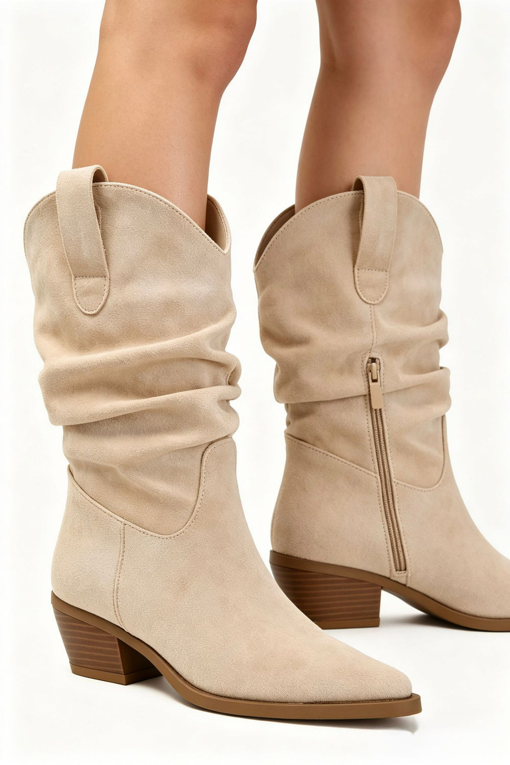Beige Suede Slouchy Low-Calf Western Boots