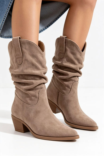 Khaki Suede Slouchy Low-Calf Western Boots