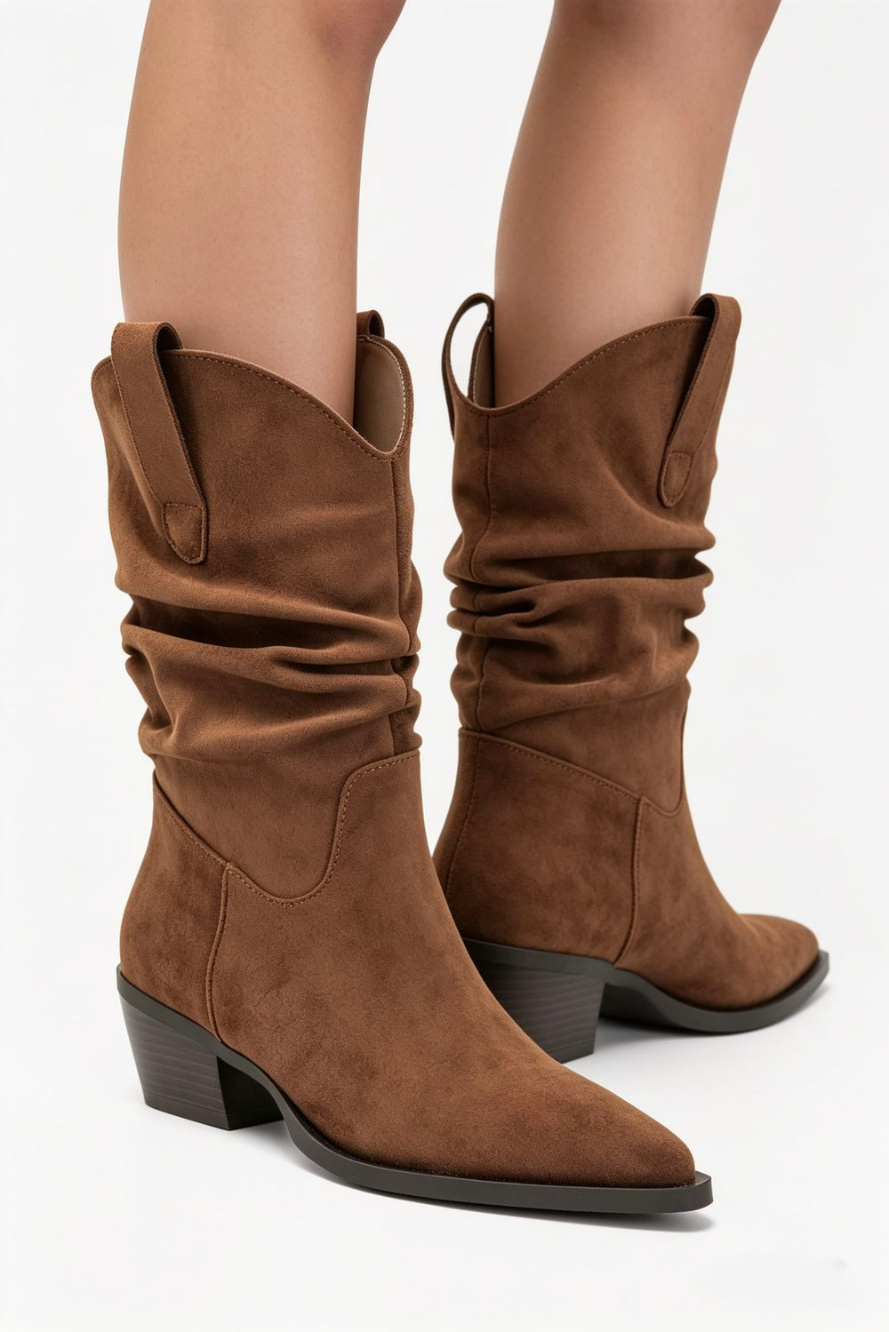 Camel Suede Slouchy Low-Calf Western Boots