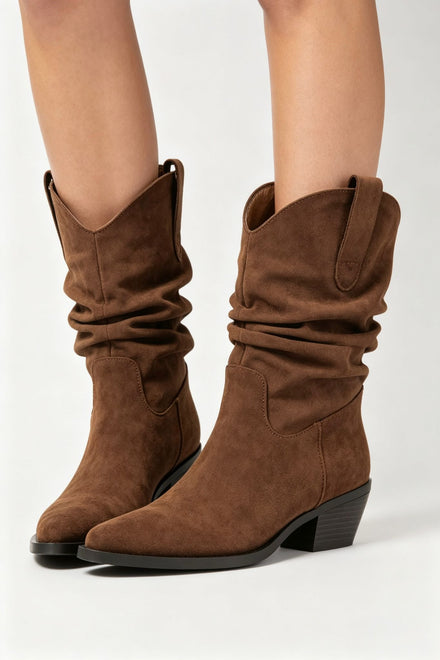 Camel Suede Slouchy Low-Calf Western Boots