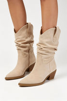 Beige Suede Slouchy Low-Calf Western Boots