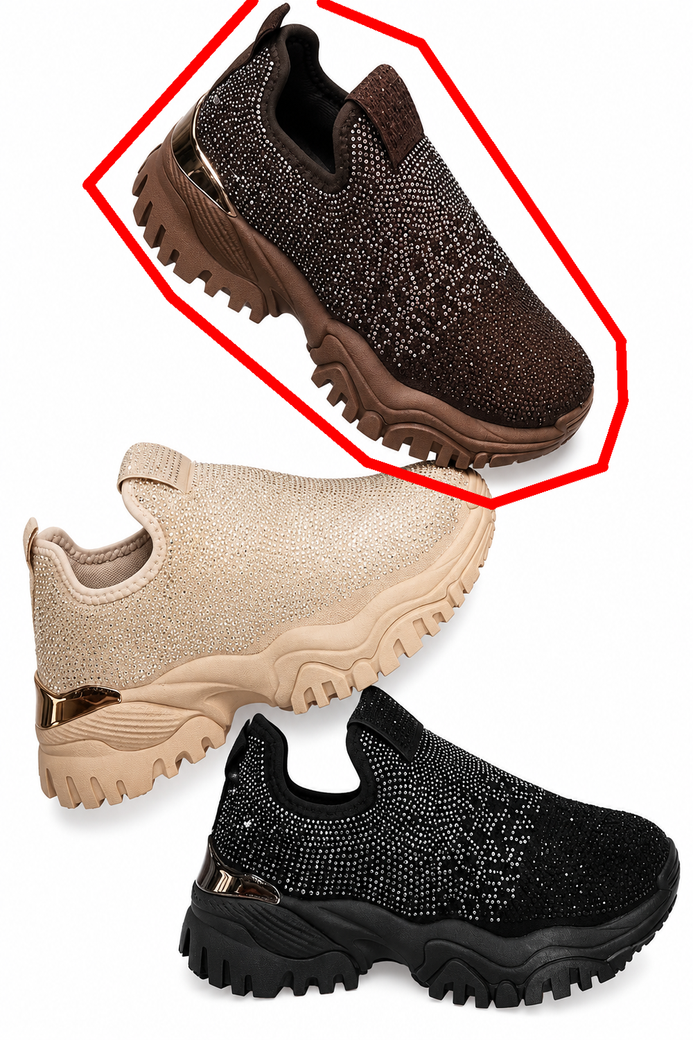 Women’s Brown Rhinestone Slip-On Platform Sneakers Trainers