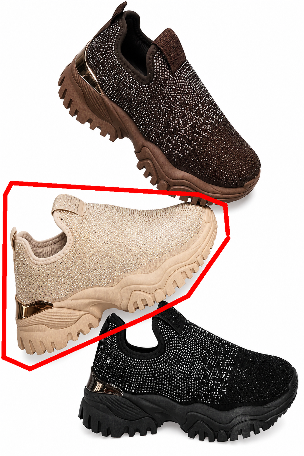 Women’s Khaki Rhinestone Slip-On Platform Sneakers Trainers