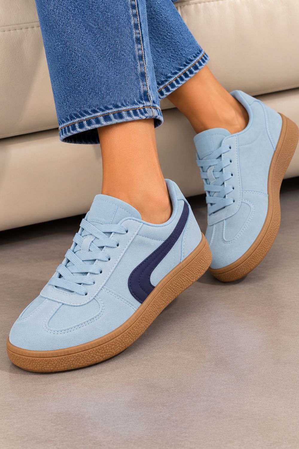 Blue Suede Effect Trainers with Contrast Side Detail | Wholesale