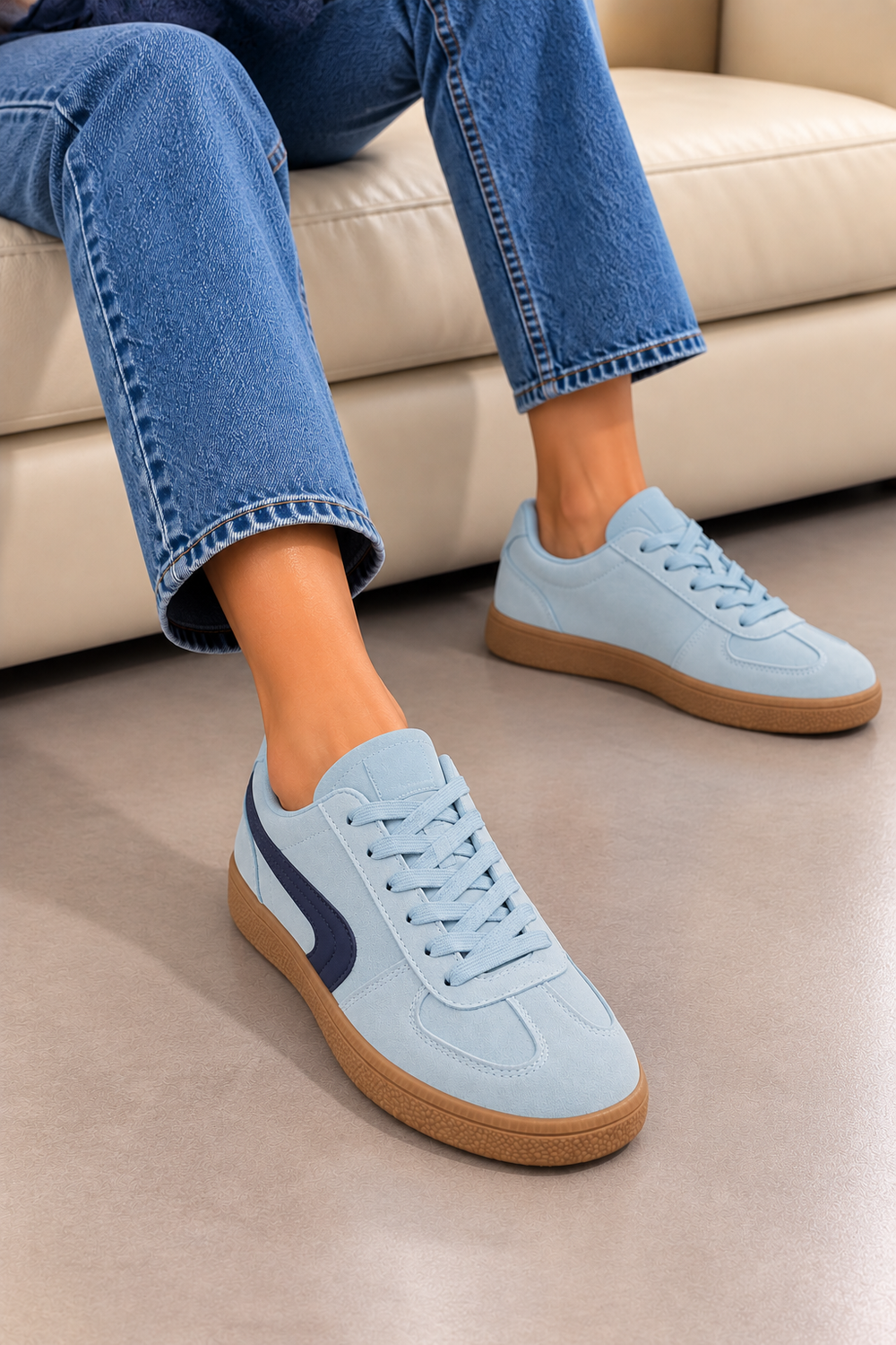 Blue Suede Effect Trainers with Contrast Side Detail | Wholesale