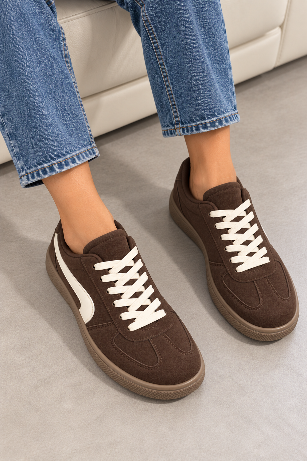 Brown Suede Effect Trainers with Contrast Side Detail | Wholesale