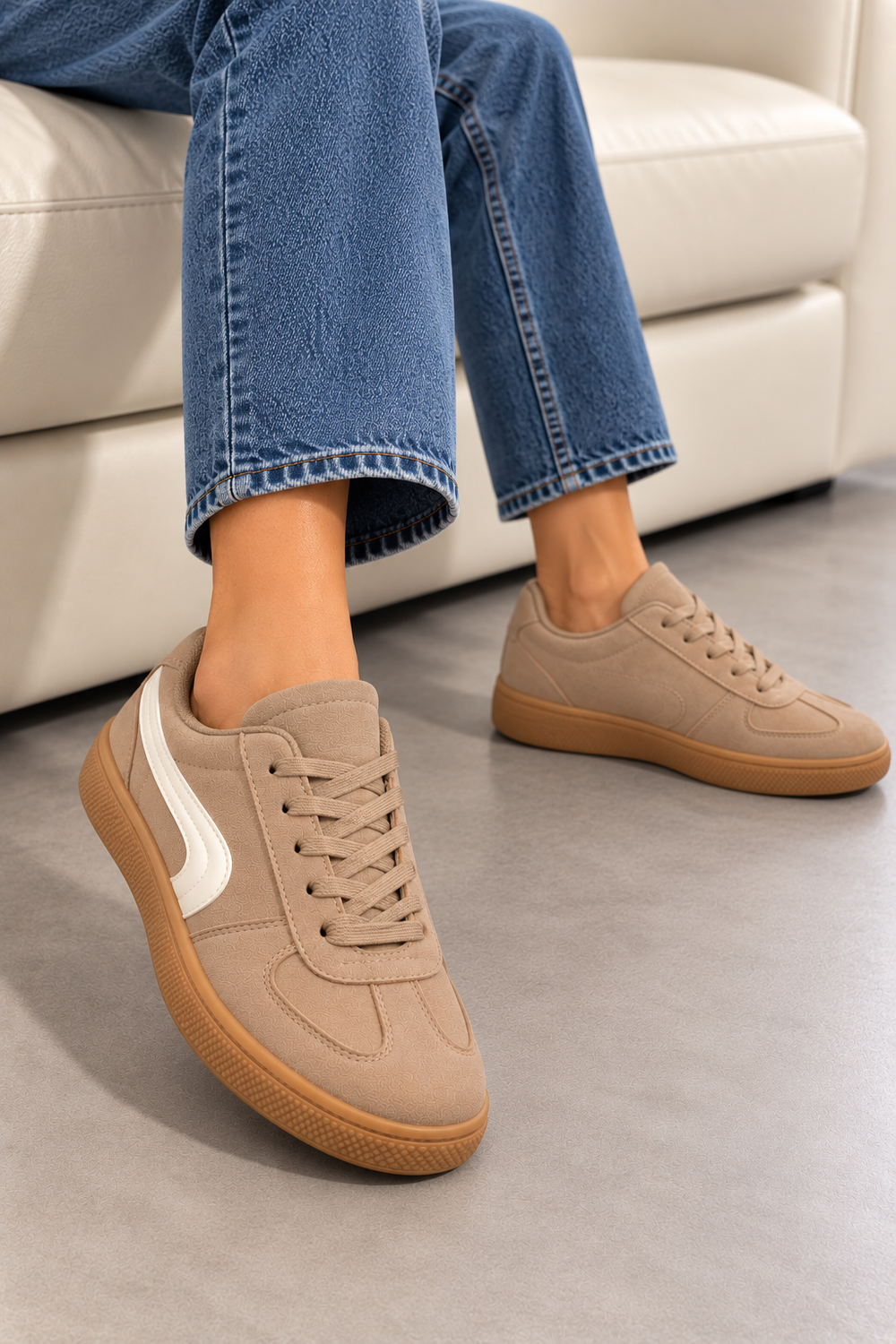 Khaki Suede Effect Trainers with Contrast Side Detail | Wholesale