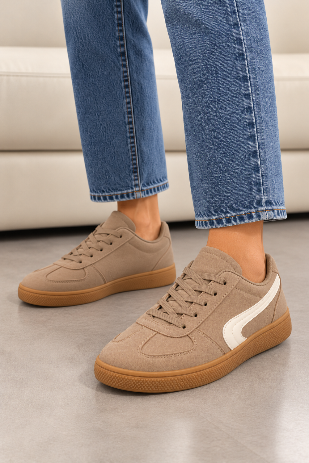 Khaki Suede Effect Trainers with Contrast Side Detail | Wholesale