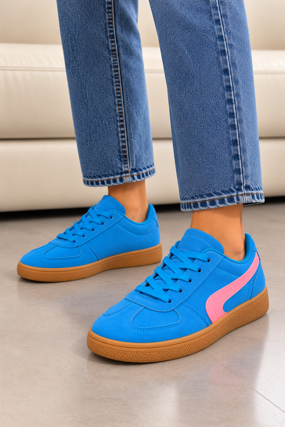 Lake Blue Suede Effect Trainers with Contrast Side Detail | Wholesale