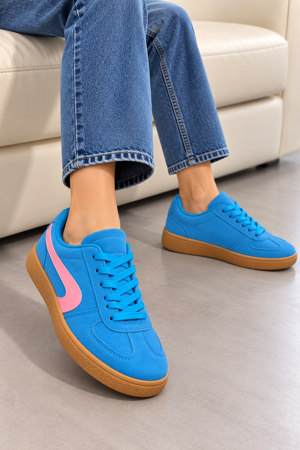 Lake Blue Suede Effect Trainers with Contrast Side Detail | Wholesale