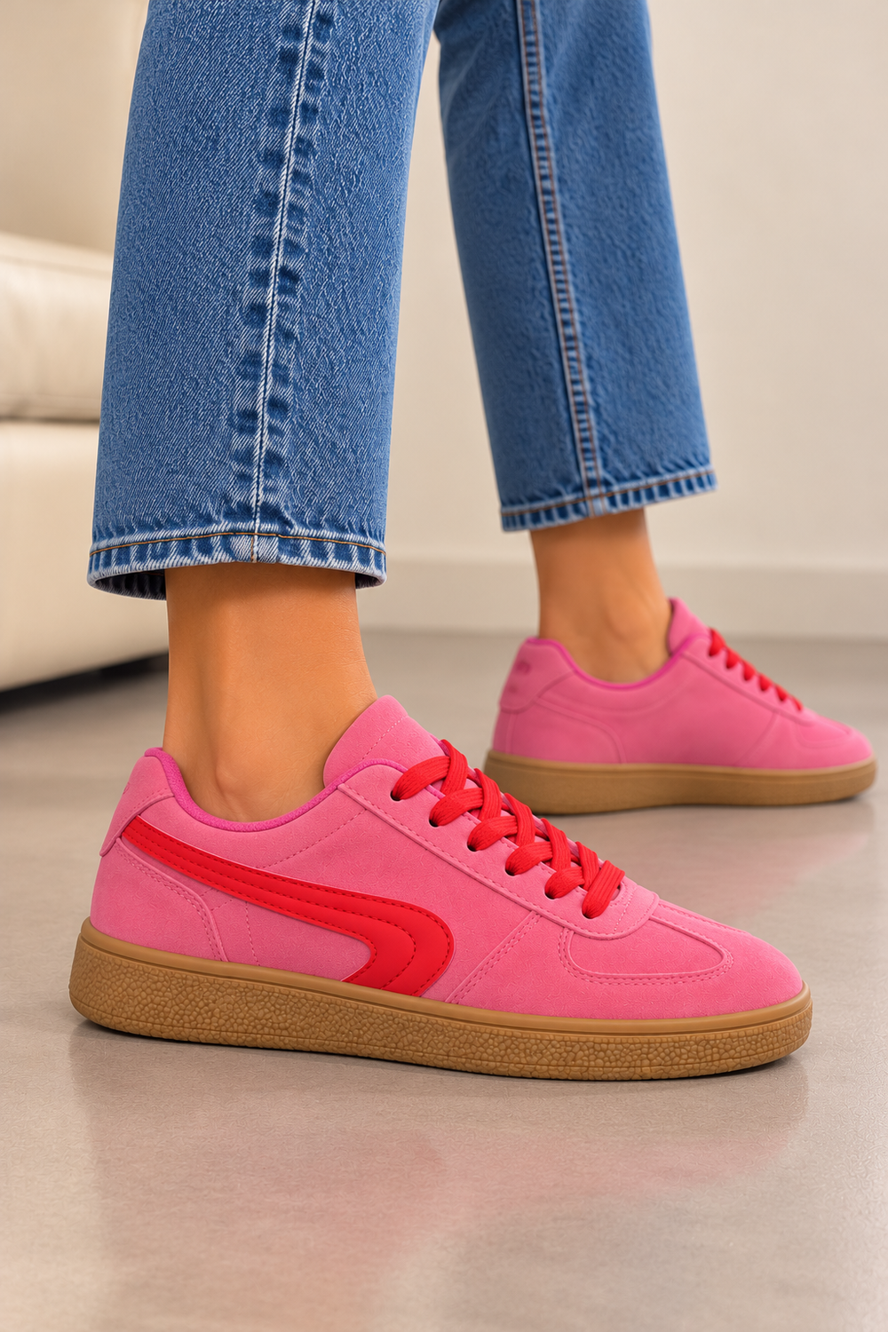 Pink Suede Effect Trainers with Contrast Side Detail | Wholesale