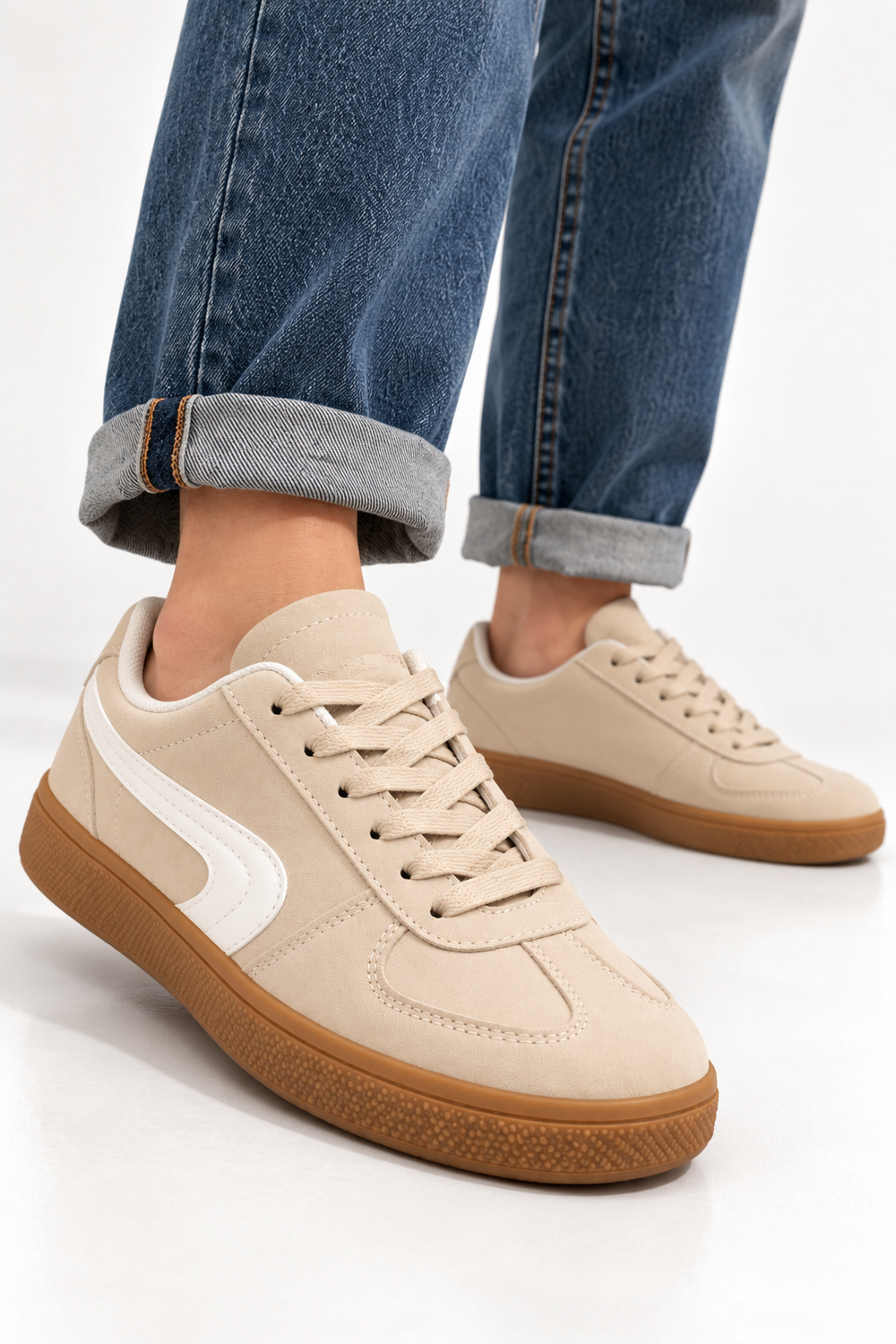 Beige Suede Effect Trainers with Contrast Side Detail | Wholesale