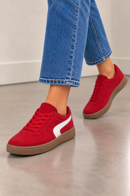 Red Suede Effect Trainers with Contrast Side Detail | Wholesale