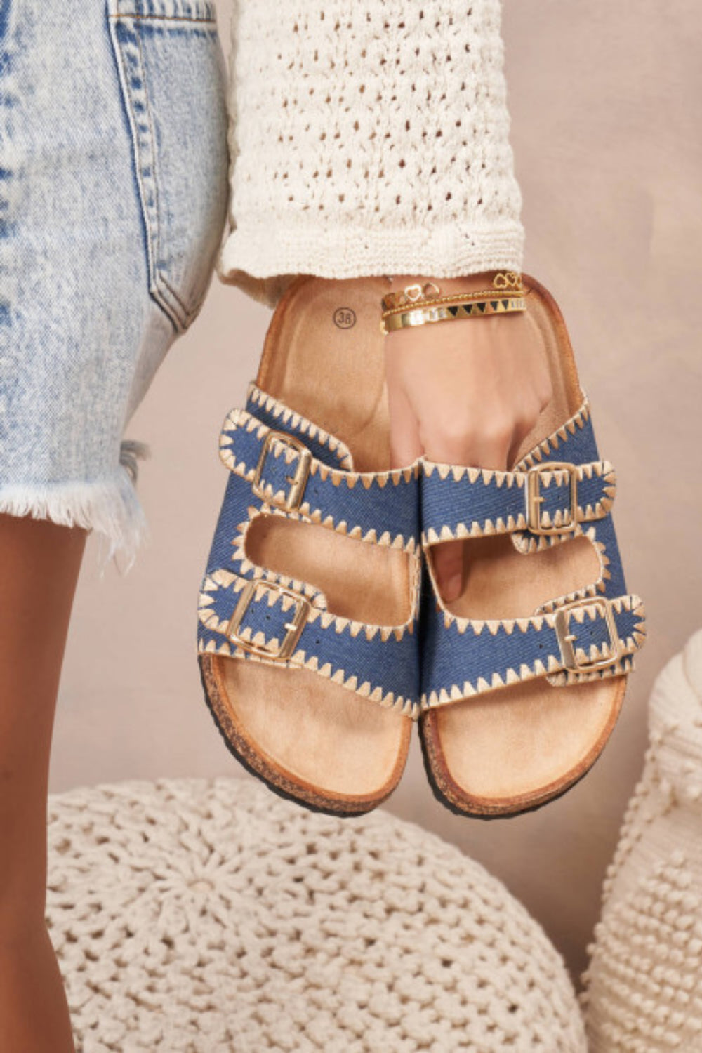 BLUE DOUBLE BUCKLE STRAP STITCHING DETAIL SLIP ON FLAT SANDAL