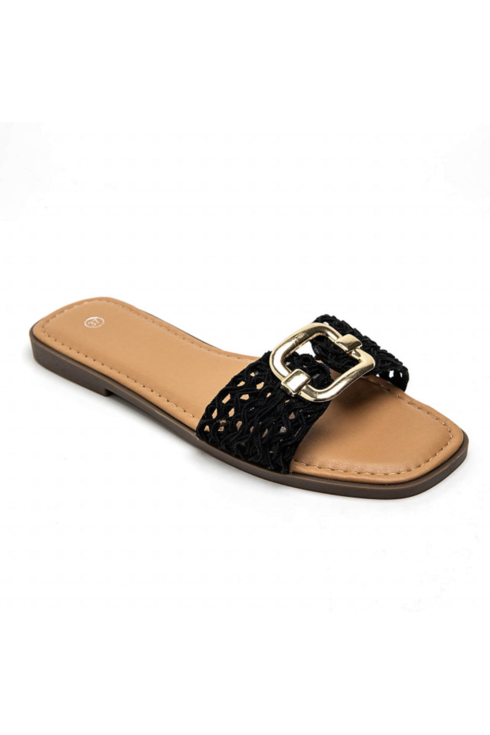 BLACK NETTED BUCKLE DETAIL FLAT SANDALS