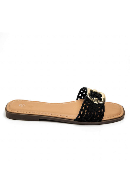 BLACK NETTED BUCKLE DETAIL FLAT SANDALS