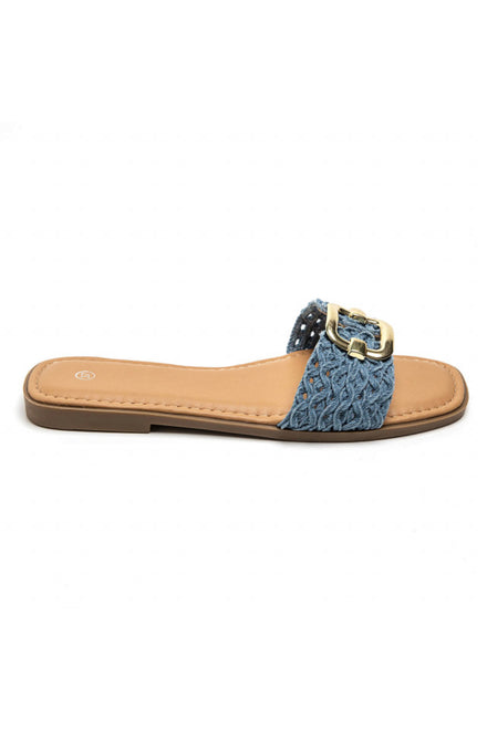 BLUE NETTED BUCKLE DETAIL FLAT SANDALS