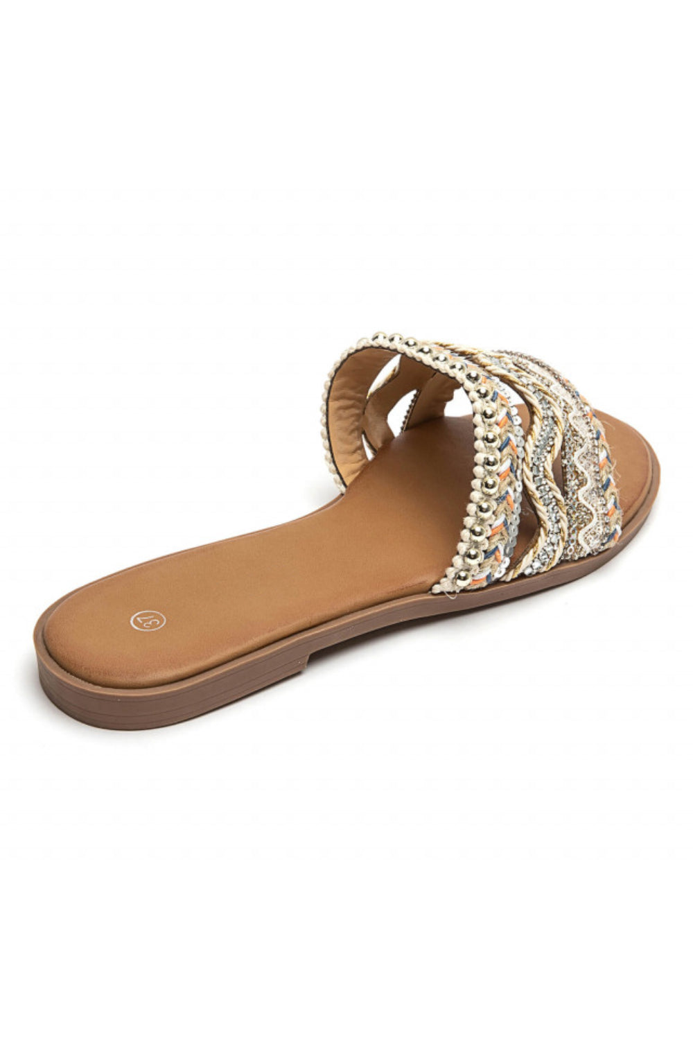 BEIGE PATTERN DESIGN FLAT SLIP ON SANDALS