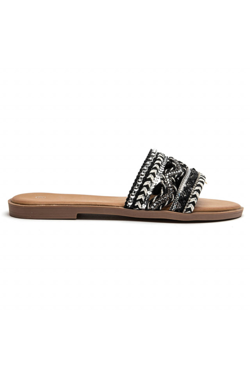 BLACK PATTERN DESIGN FLAT SLIP ON SANDALS