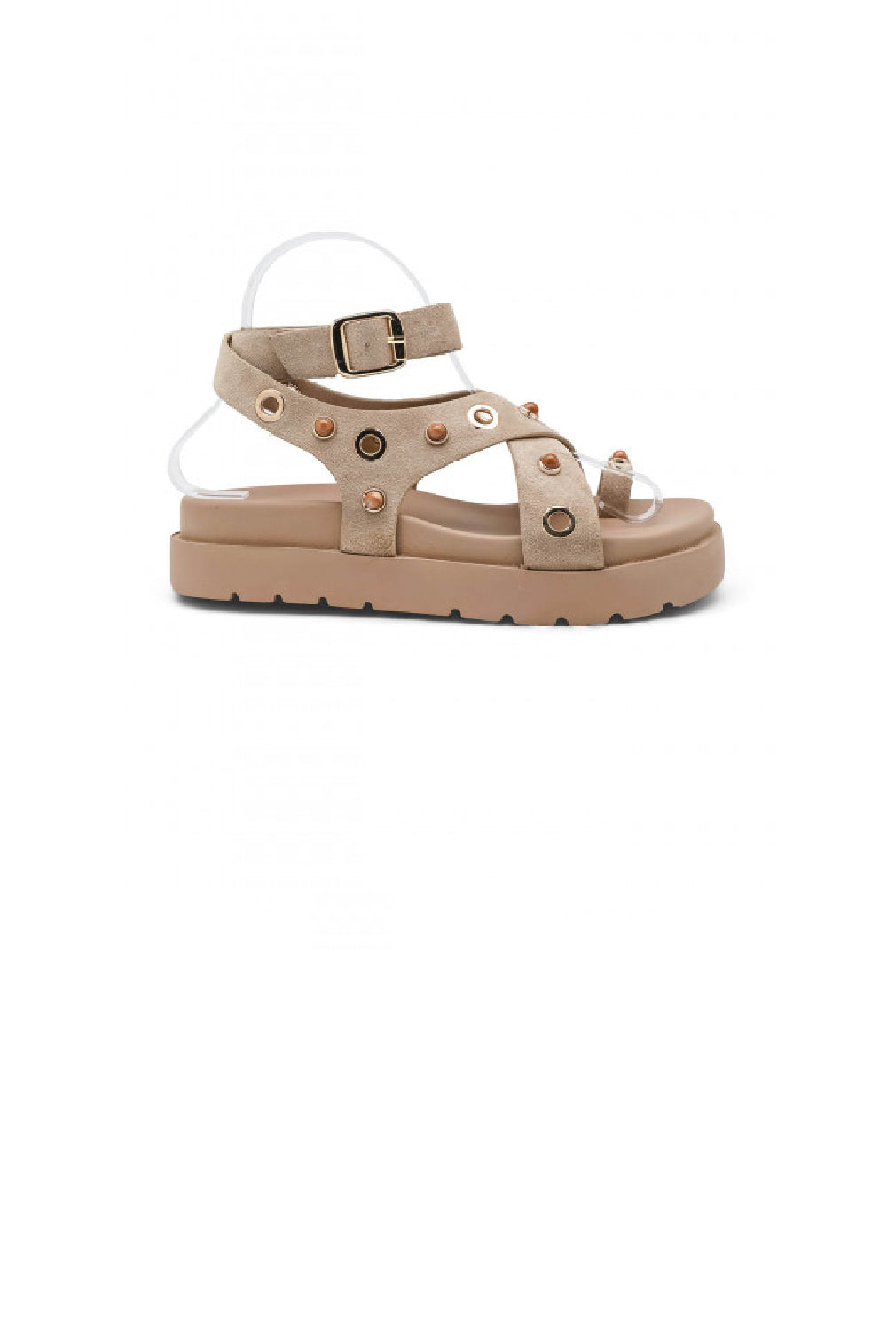 Khaki Suede Flatform Sandals with Metallic Eyelet Detail